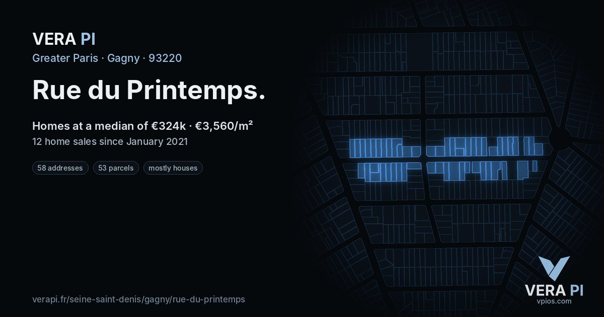 Rue du Printemps, Gagny at night – every parcel coloured by the prices around it, the street's own parcels lit