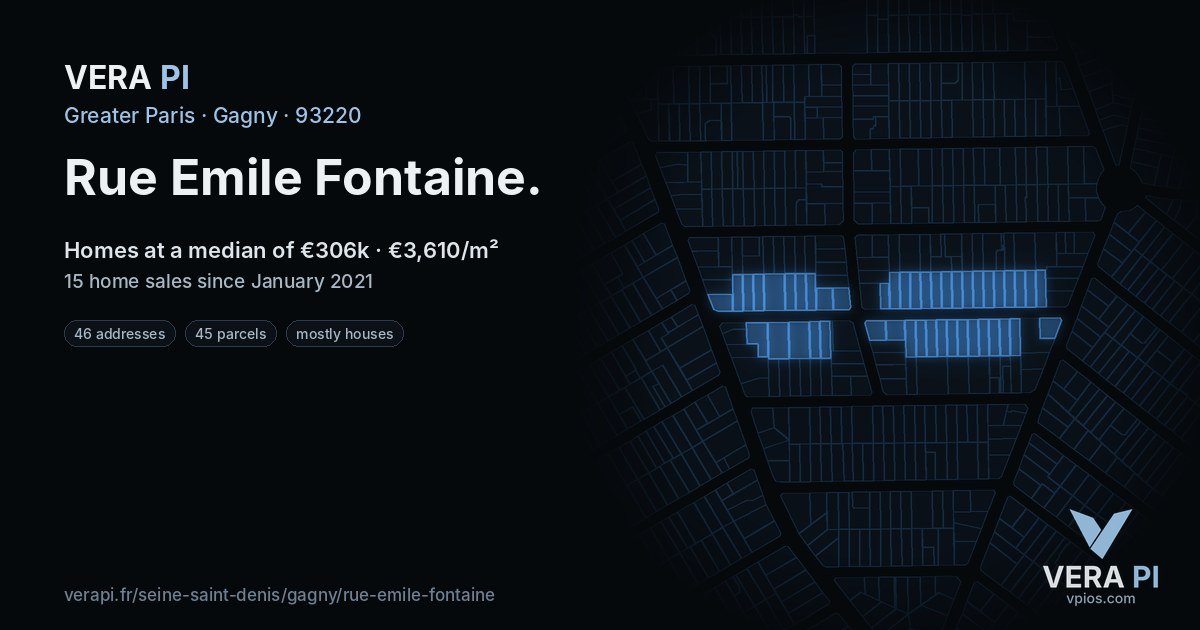Rue Emile Fontaine, Gagny at night – every parcel coloured by the prices around it, the street's own parcels lit