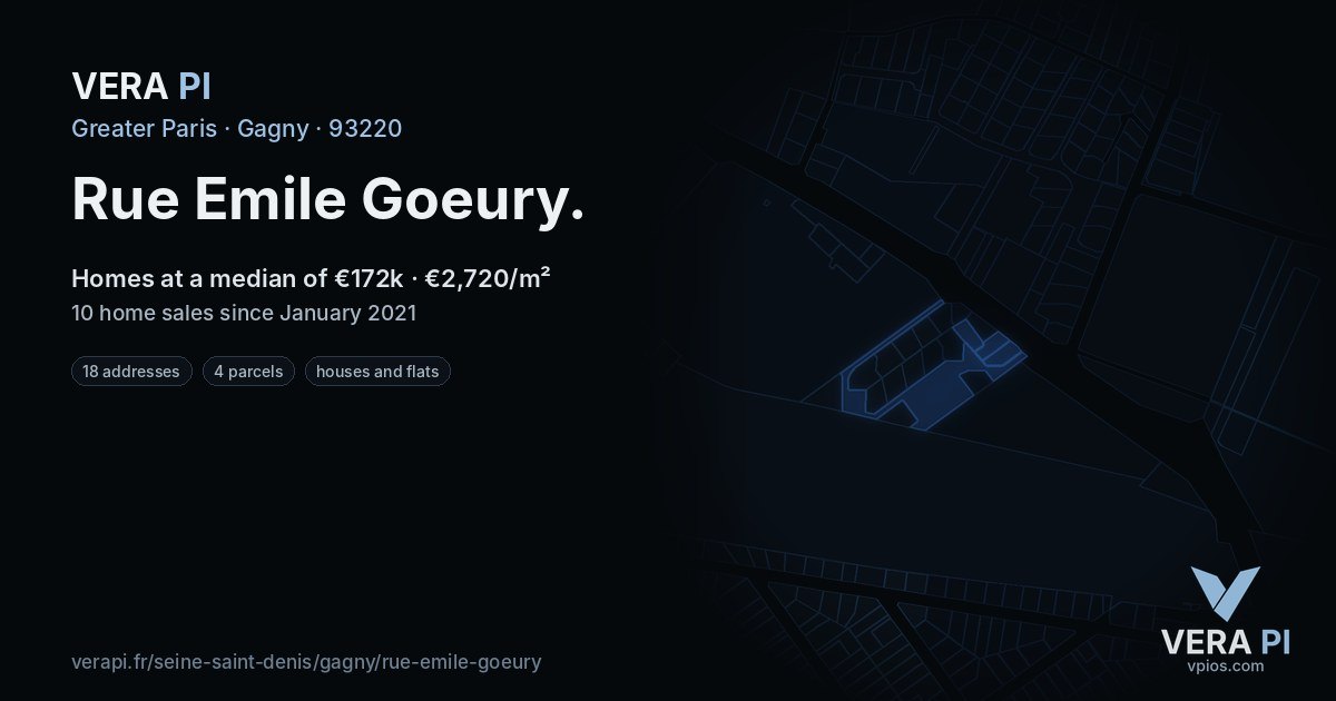 Rue Emile Goeury, Gagny at night – every parcel coloured by the prices around it, the street's own parcels lit