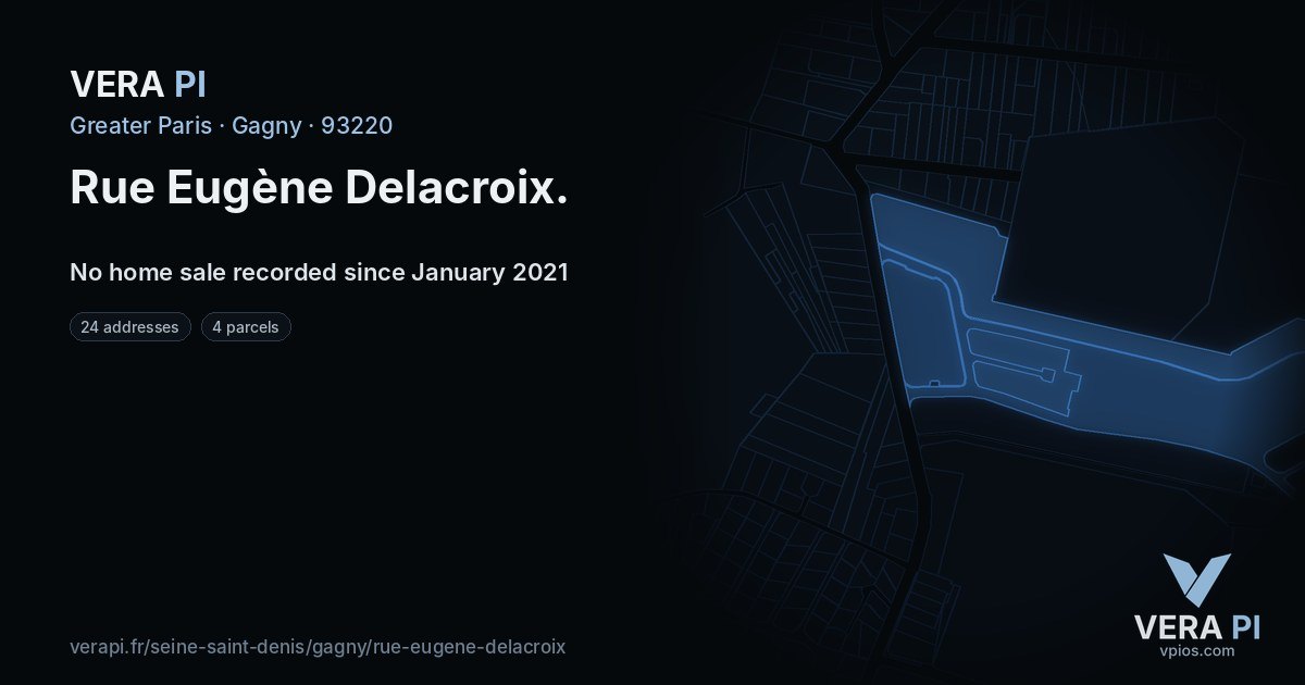 Rue Eugène Delacroix, Gagny at night – every parcel coloured by the prices around it, the street's own parcels lit