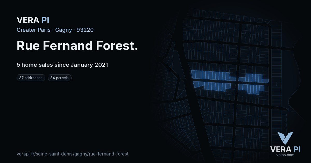 Rue Fernand Forest, Gagny at night – every parcel coloured by the prices around it, the street's own parcels lit