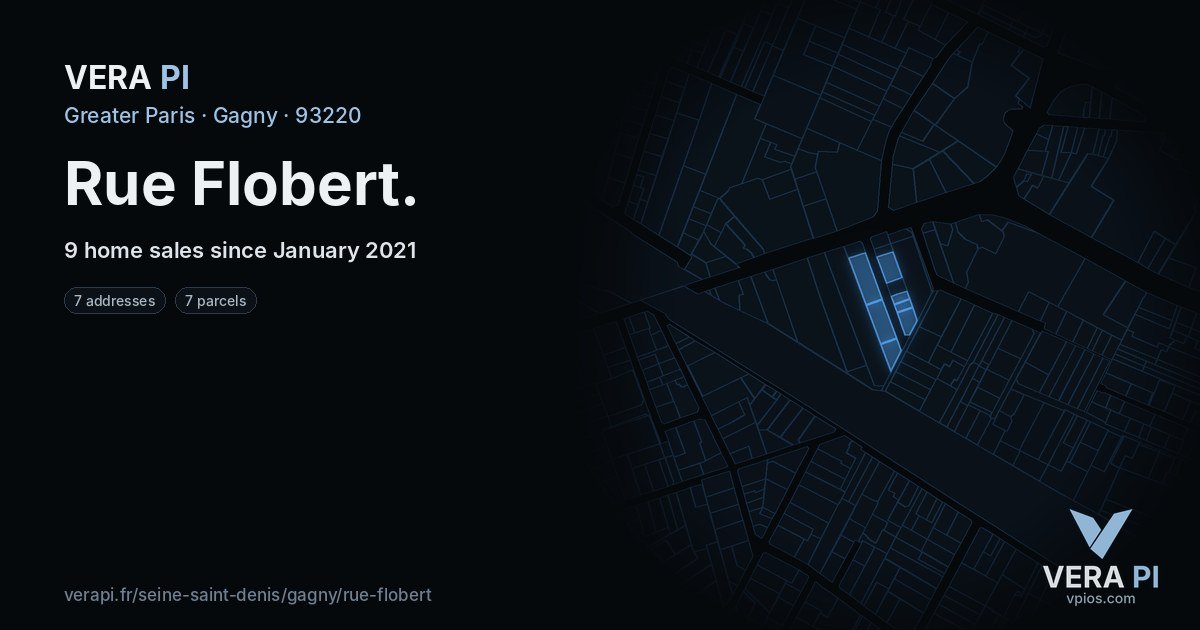 Rue Flobert, Gagny at night – every parcel coloured by the prices around it, the street's own parcels lit