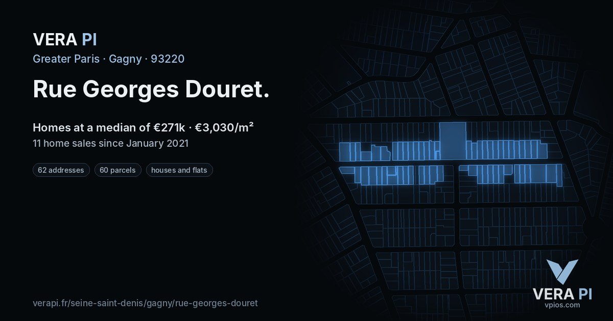 Rue Georges Douret, Gagny at night – every parcel coloured by the prices around it, the street's own parcels lit