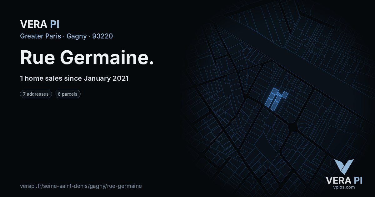 Rue Germaine, Gagny at night – every parcel coloured by the prices around it, the street's own parcels lit