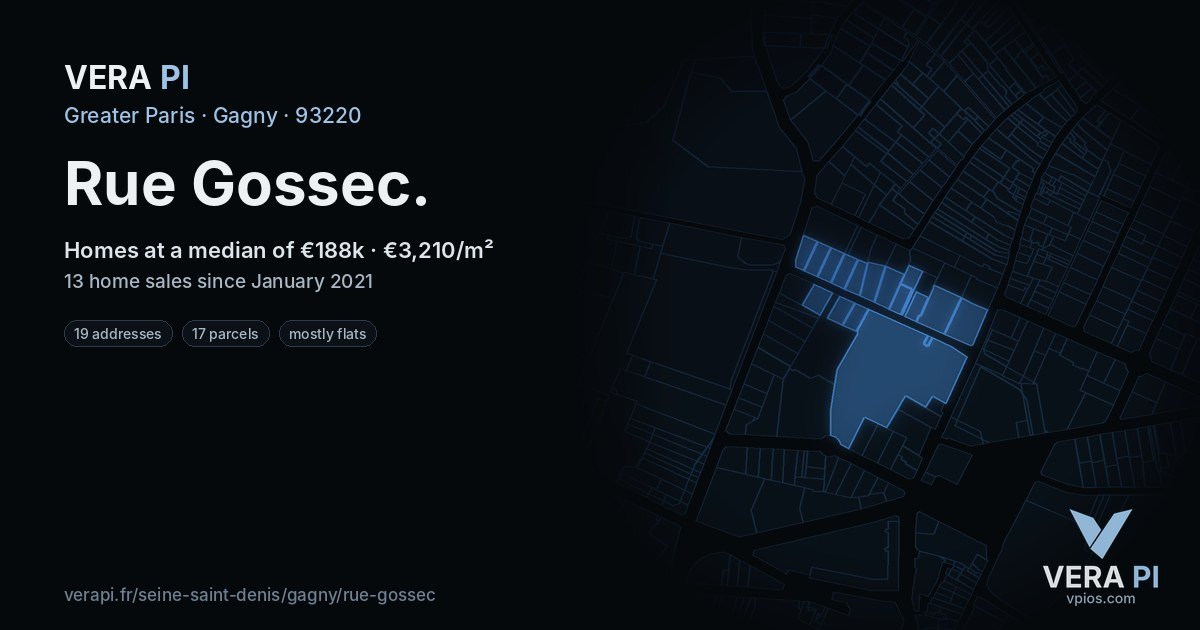 Rue Gossec, Gagny at night – every parcel coloured by the prices around it, the street's own parcels lit