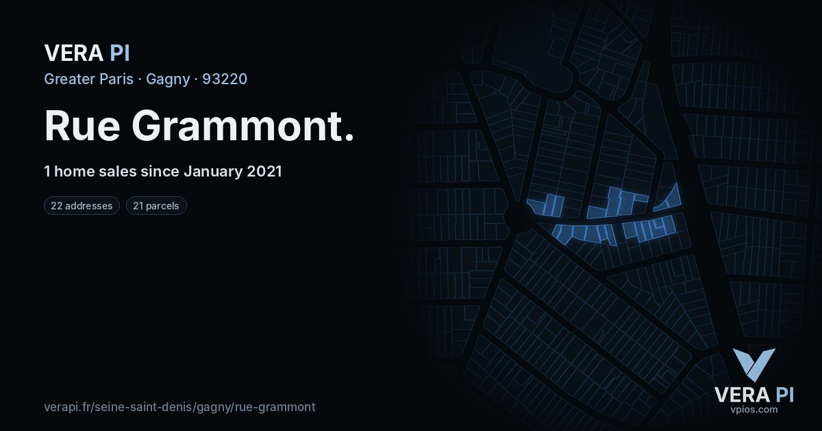 Rue Grammont, Gagny at night – every parcel coloured by the prices around it, the street's own parcels lit
