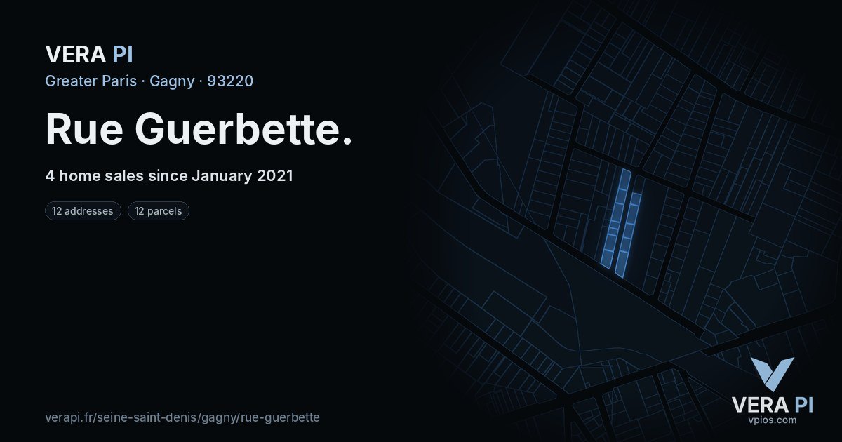 Rue Guerbette, Gagny at night – every parcel coloured by the prices around it, the street's own parcels lit
