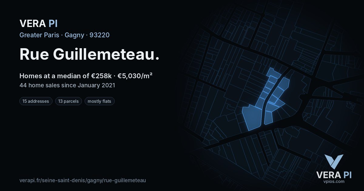 Rue Guillemeteau, Gagny at night – every parcel coloured by the prices around it, the street's own parcels lit