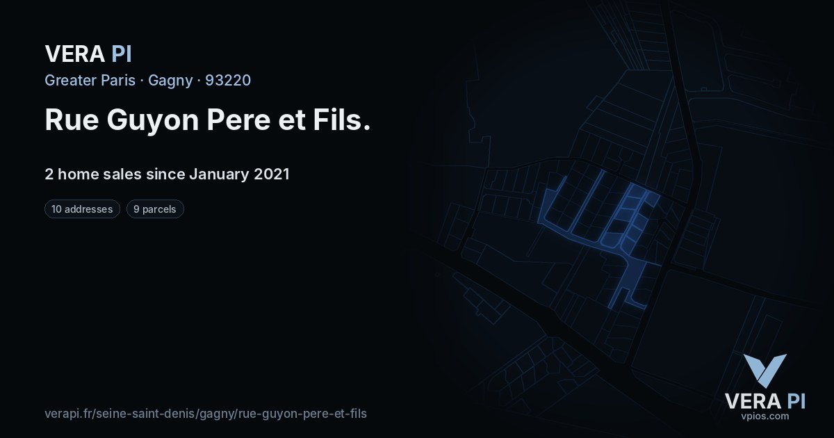 Rue Guyon Pere et Fils, Gagny at night – every parcel coloured by the prices around it, the street's own parcels lit