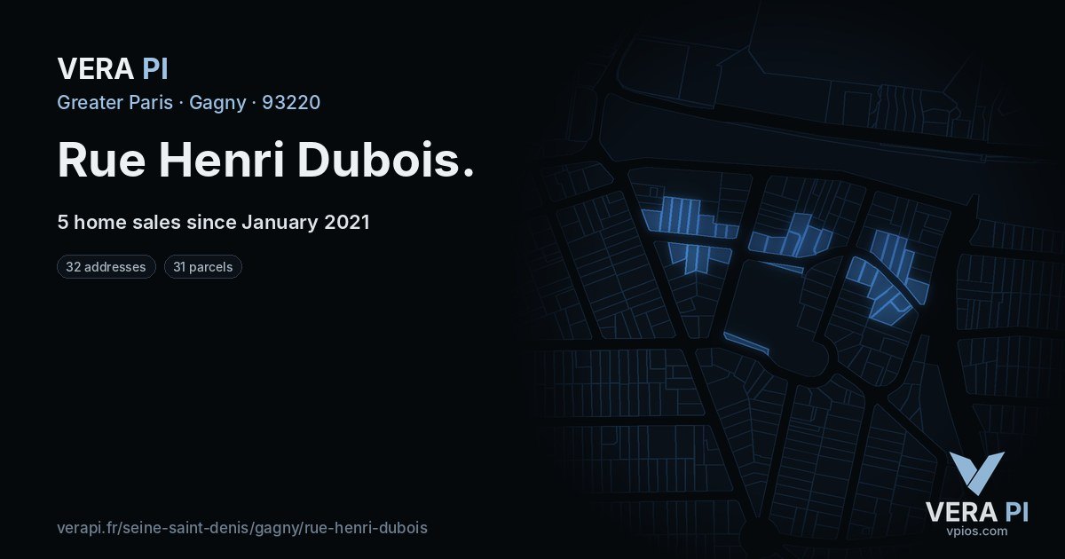 Rue Henri Dubois, Gagny at night – every parcel coloured by the prices around it, the street's own parcels lit