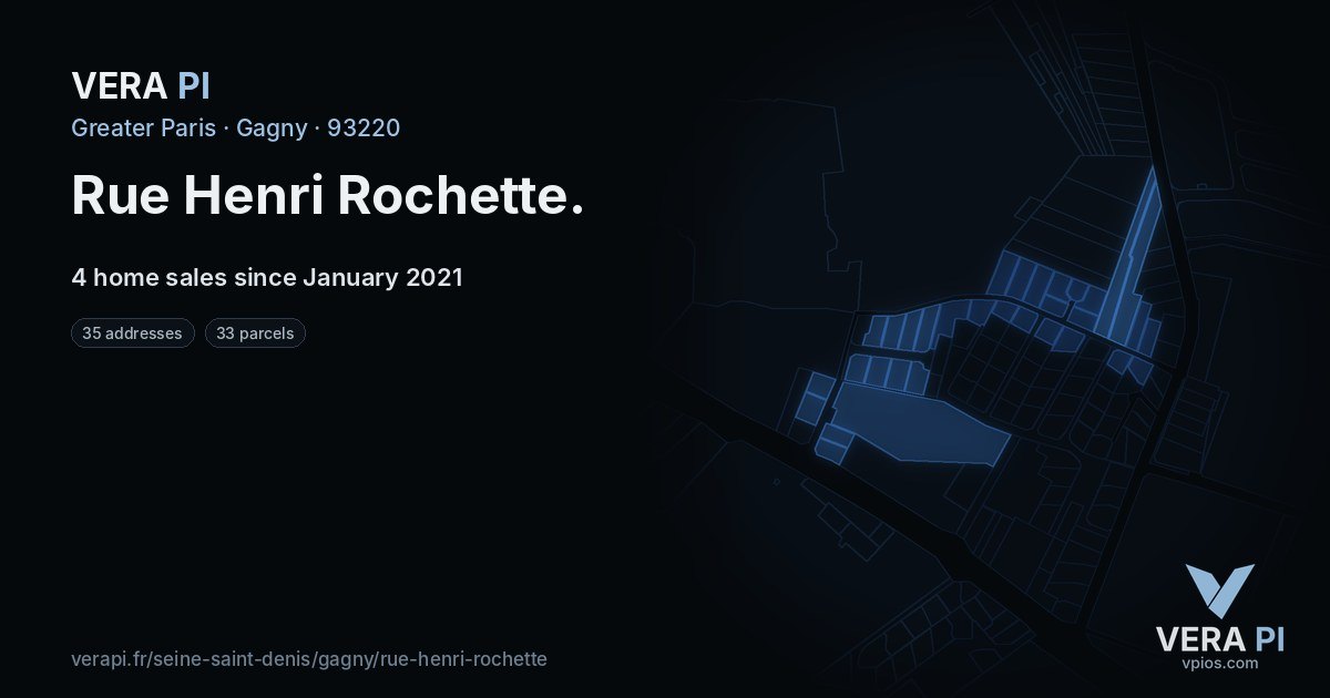 Rue Henri Rochette, Gagny at night – every parcel coloured by the prices around it, the street's own parcels lit