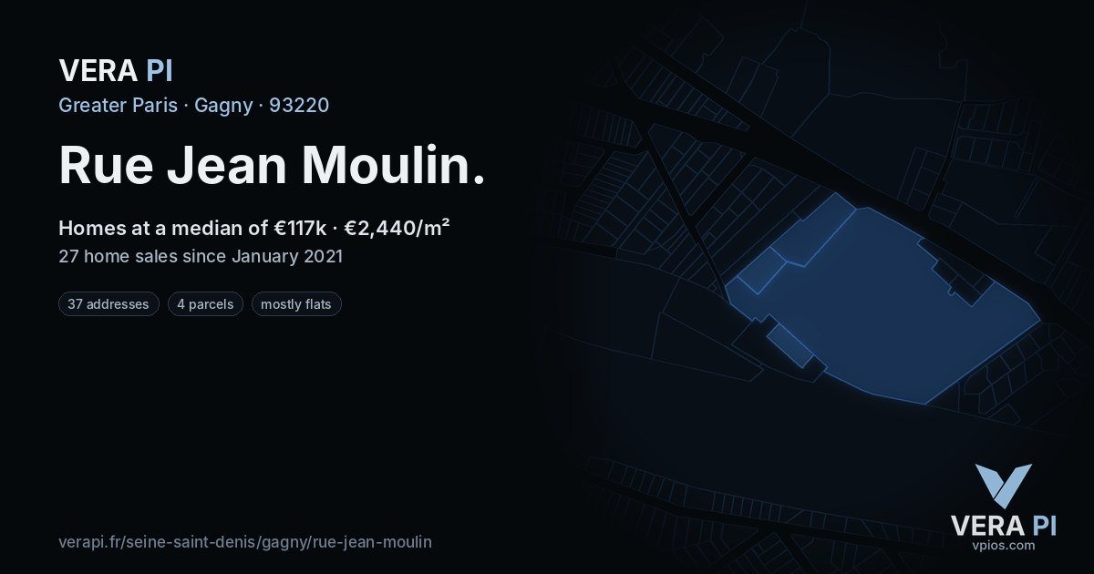 Rue Jean Moulin, Gagny at night – every parcel coloured by the prices around it, the street's own parcels lit