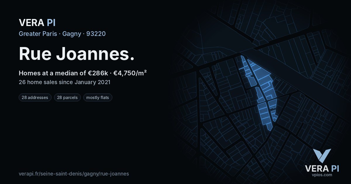 Rue Joannes, Gagny at night – every parcel coloured by the prices around it, the street's own parcels lit