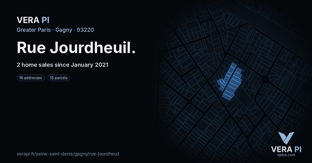Rue Jourdheuil, Gagny at night – every parcel coloured by the prices around it, the street's own parcels lit