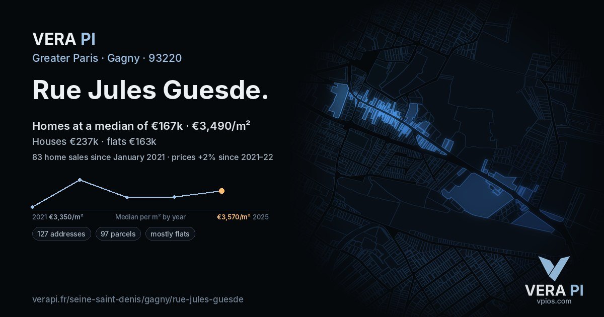 Rue Jules Guesde, Gagny at night – every parcel coloured by the prices around it, the street's own parcels lit