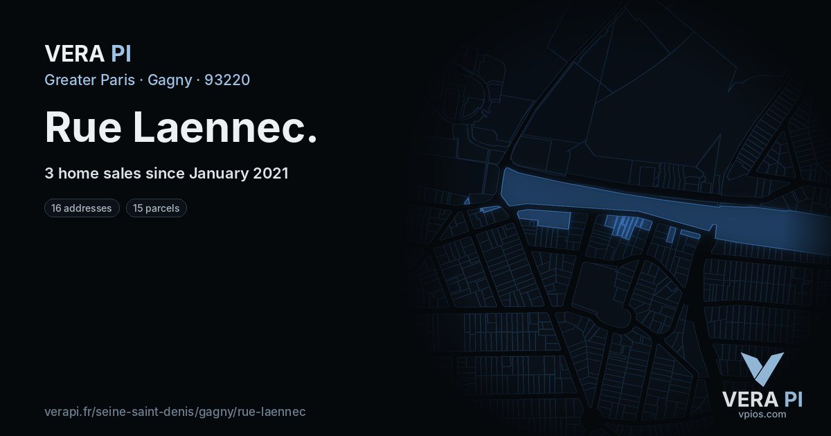 Rue Laennec, Gagny at night – every parcel coloured by the prices around it, the street's own parcels lit