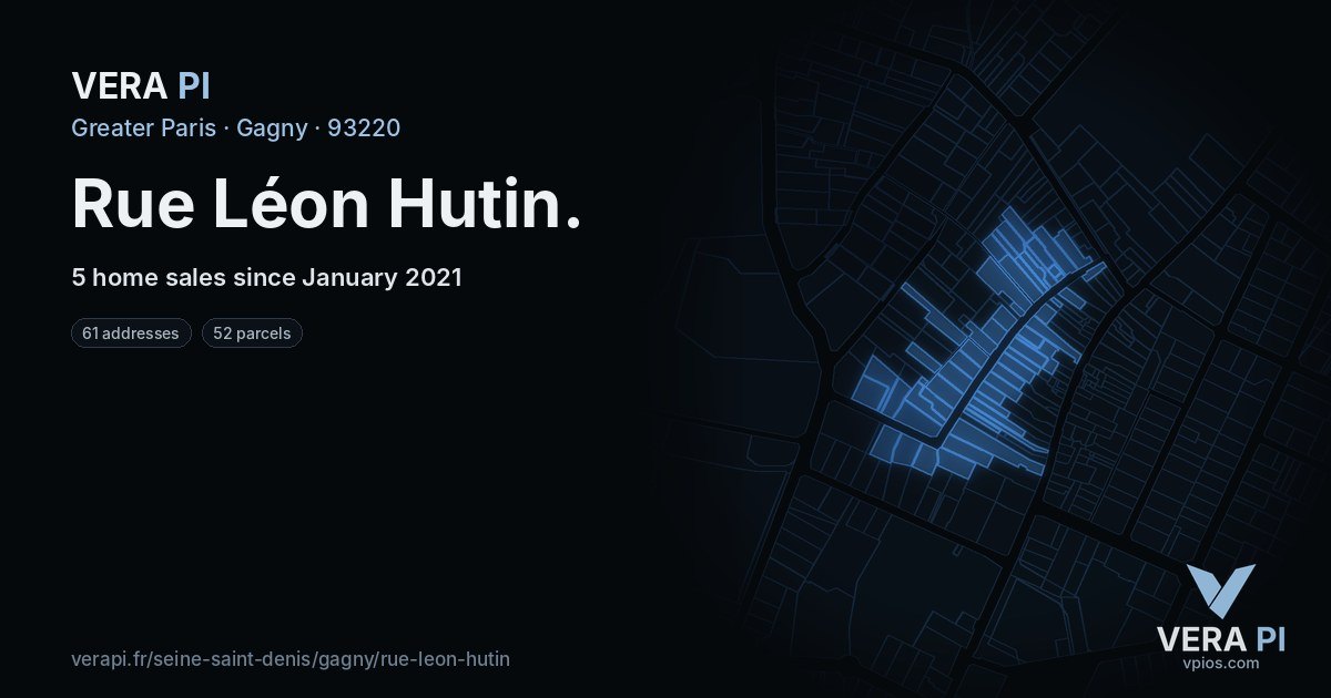 Rue Léon Hutin, Gagny at night – every parcel coloured by the prices around it, the street's own parcels lit