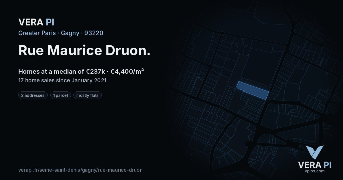 Rue Maurice Druon, Gagny at night – every parcel coloured by the prices around it, the street's own parcels lit