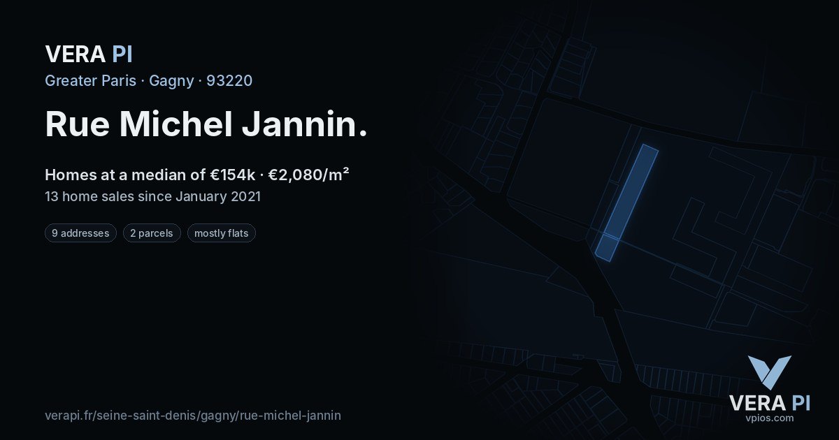 Rue Michel Jannin, Gagny at night – every parcel coloured by the prices around it, the street's own parcels lit
