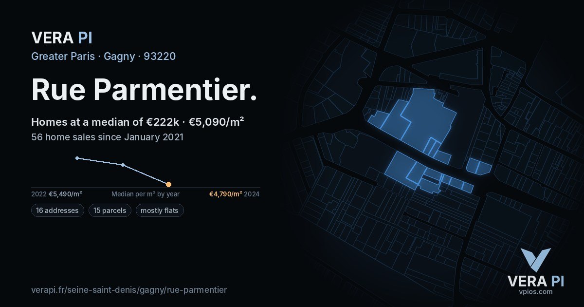 Rue Parmentier, Gagny at night – every parcel coloured by the prices around it, the street's own parcels lit