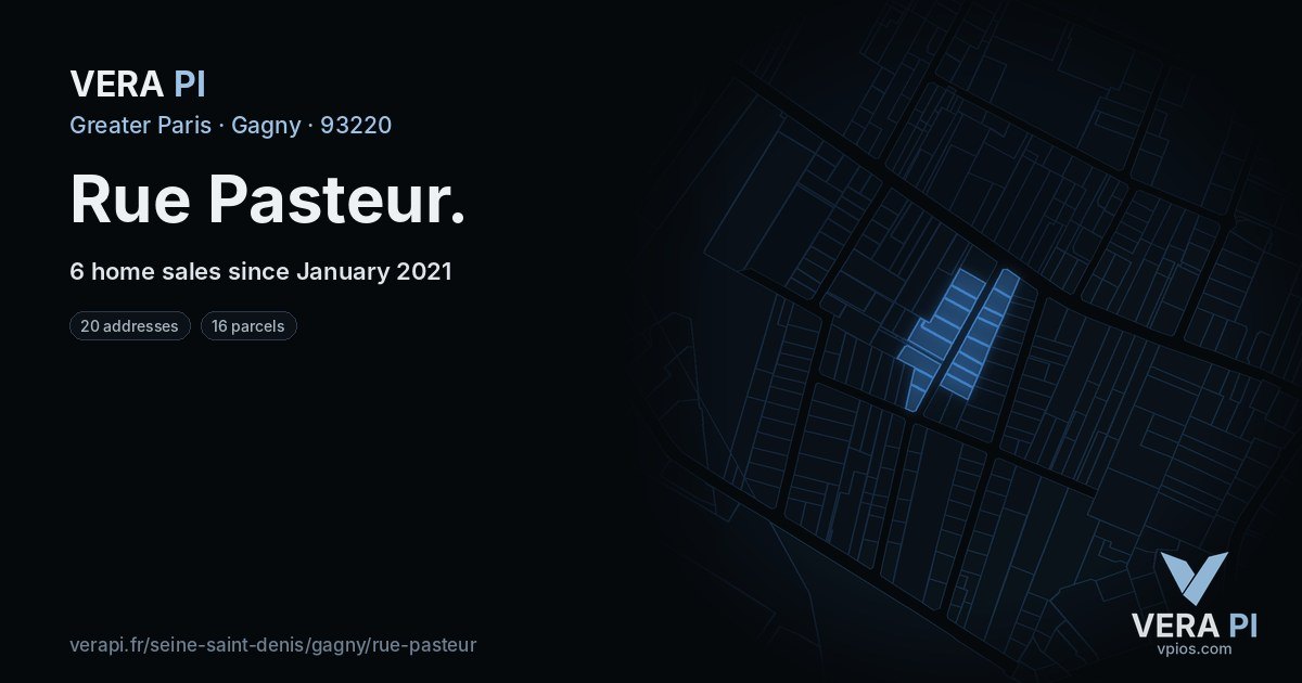 Rue Pasteur, Gagny at night – every parcel coloured by the prices around it, the street's own parcels lit