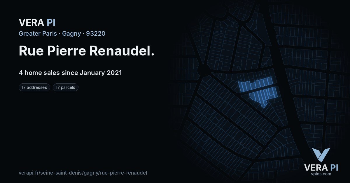 Rue Pierre Renaudel, Gagny at night – every parcel coloured by the prices around it, the street's own parcels lit