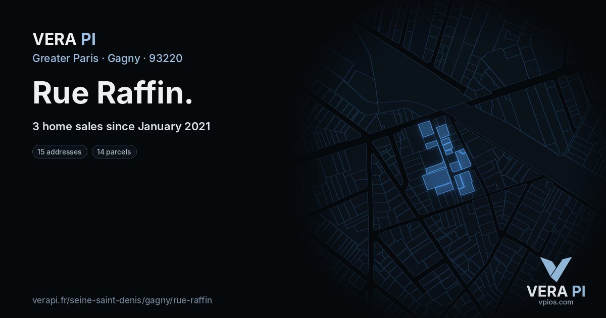 Rue Raffin, Gagny at night – every parcel coloured by the prices around it, the street's own parcels lit