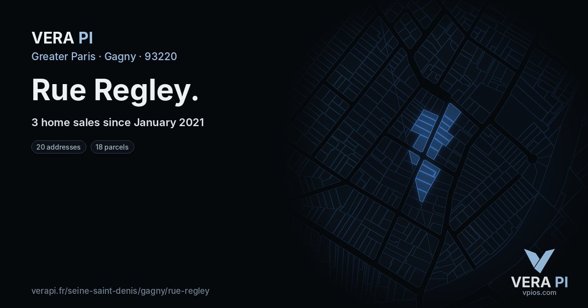 Rue Regley, Gagny at night – every parcel coloured by the prices around it, the street's own parcels lit