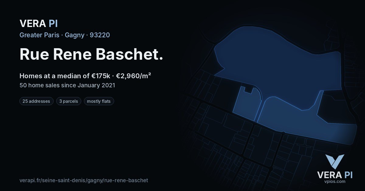 Rue Rene Baschet, Gagny at night – every parcel coloured by the prices around it, the street's own parcels lit