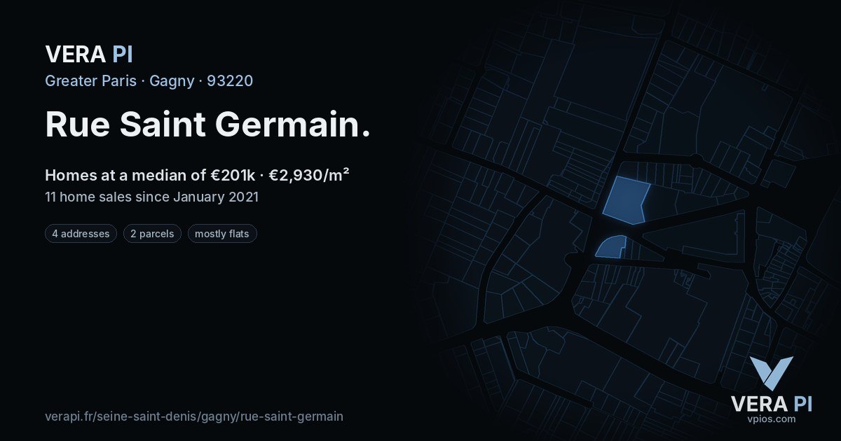 Rue Saint Germain, Gagny at night – every parcel coloured by the prices around it, the street's own parcels lit