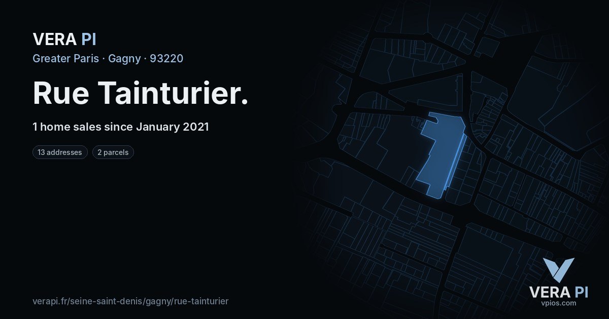 Rue Tainturier, Gagny at night – every parcel coloured by the prices around it, the street's own parcels lit