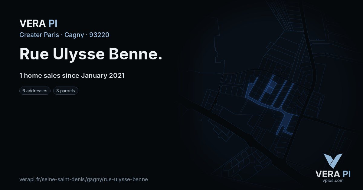 Rue Ulysse Benne, Gagny at night – every parcel coloured by the prices around it, the street's own parcels lit