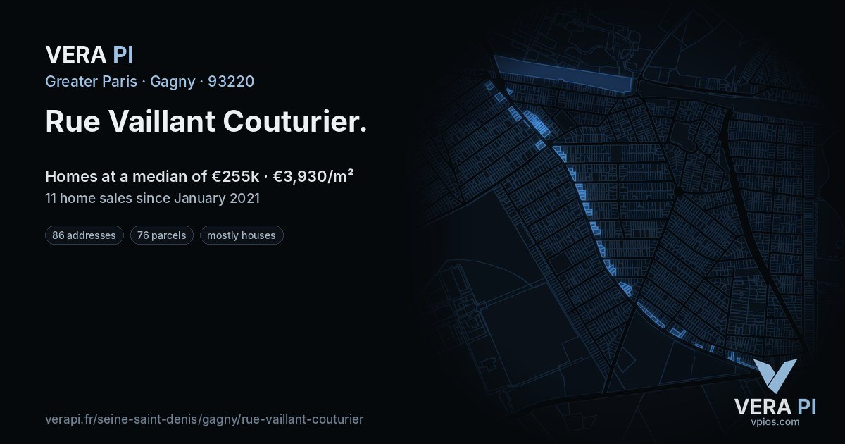 Rue Vaillant Couturier, Gagny at night – every parcel coloured by the prices around it, the street's own parcels lit
