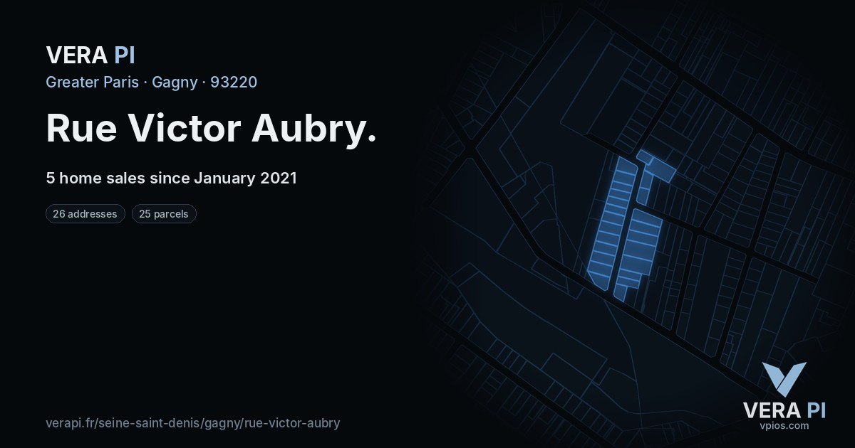 Rue Victor Aubry, Gagny at night – every parcel coloured by the prices around it, the street's own parcels lit