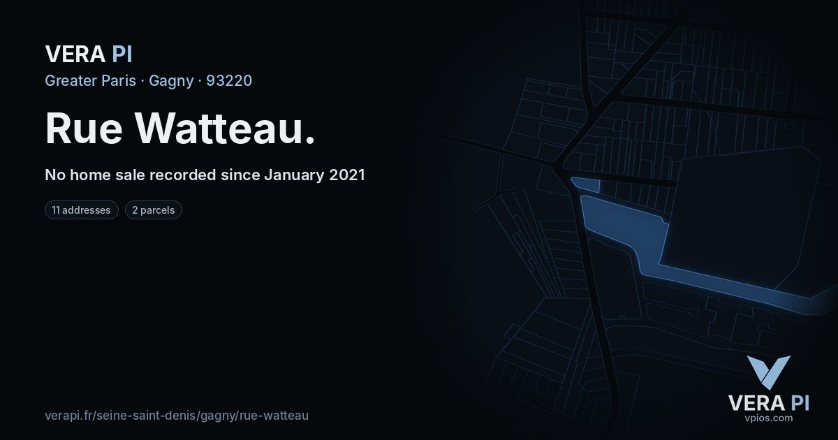 Rue Watteau, Gagny at night – every parcel coloured by the prices around it, the street's own parcels lit