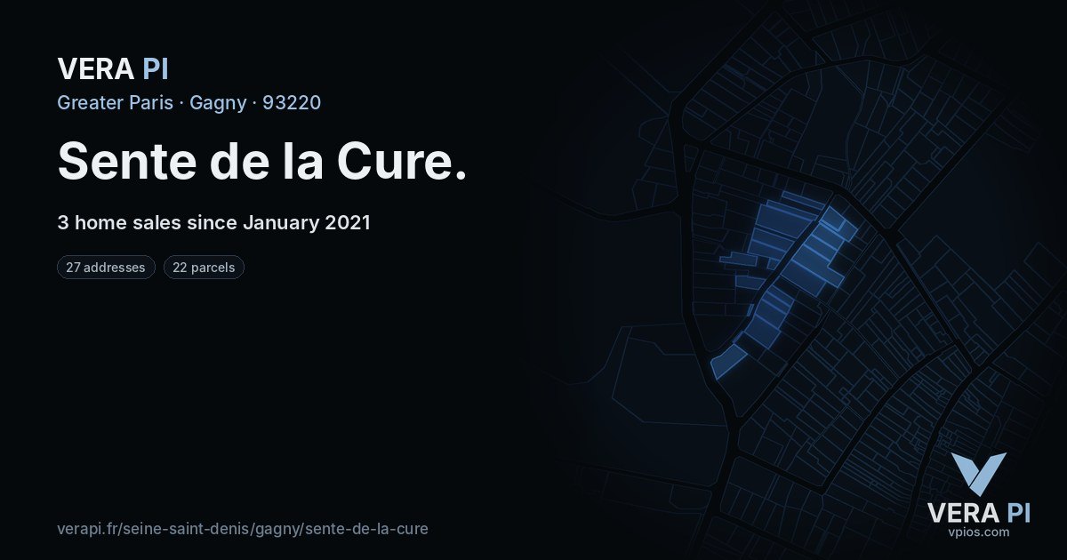 Sente de la Cure, Gagny at night – every parcel coloured by the prices around it, the street's own parcels lit