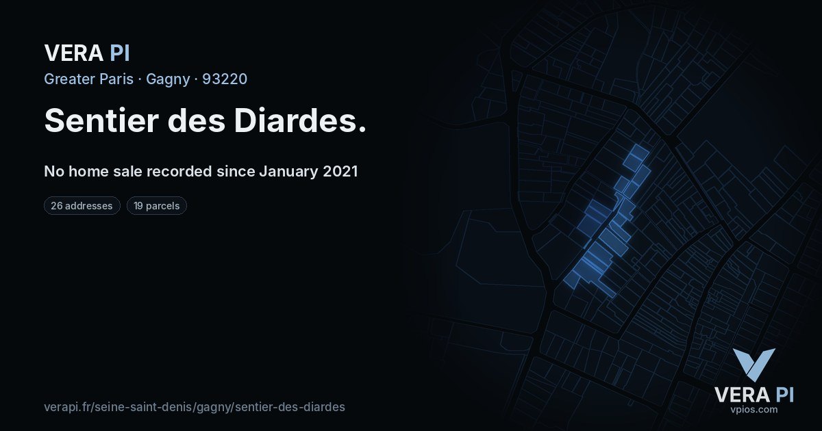Sentier des Diardes, Gagny at night – every parcel coloured by the prices around it, the street's own parcels lit