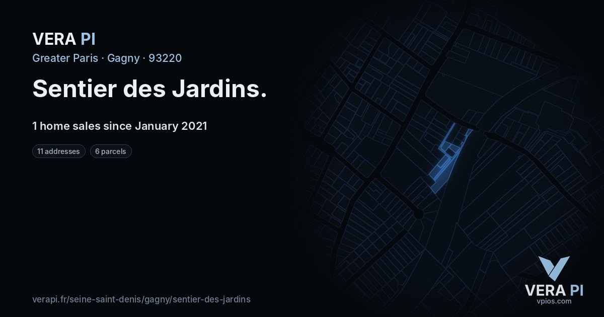 Sentier des Jardins, Gagny at night – every parcel coloured by the prices around it, the street's own parcels lit