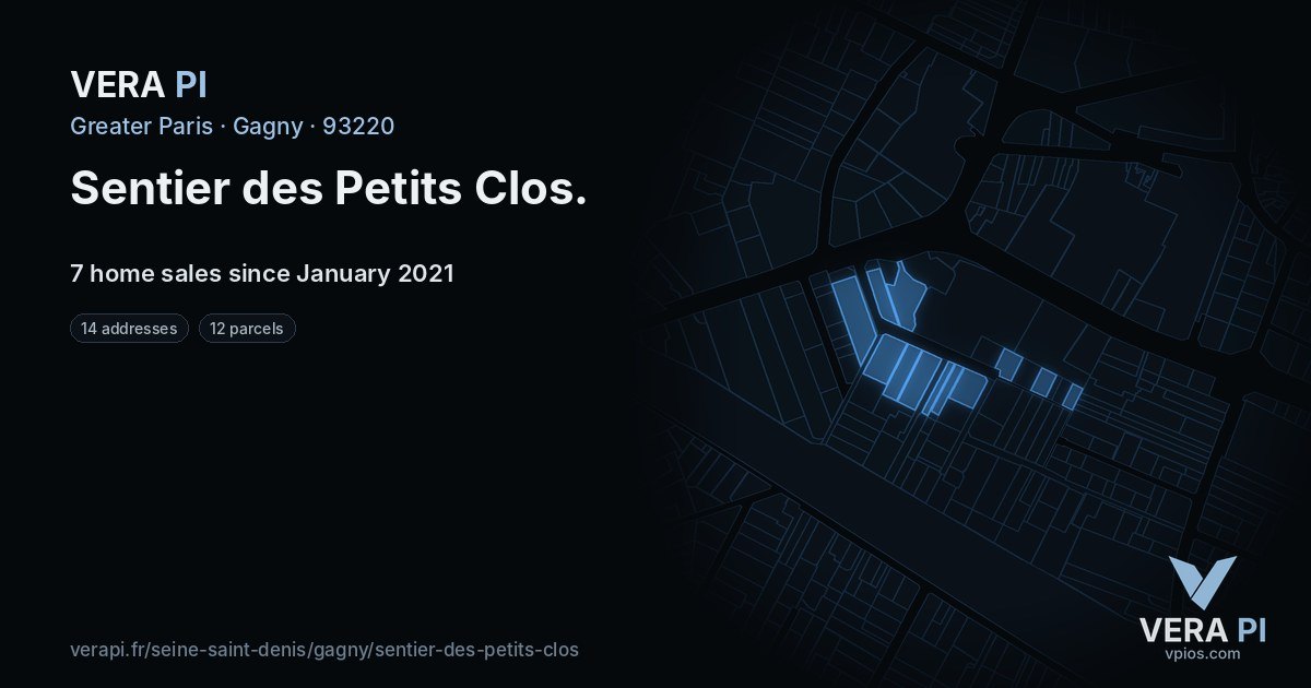 Sentier des Petits Clos, Gagny at night – every parcel coloured by the prices around it, the street's own parcels lit