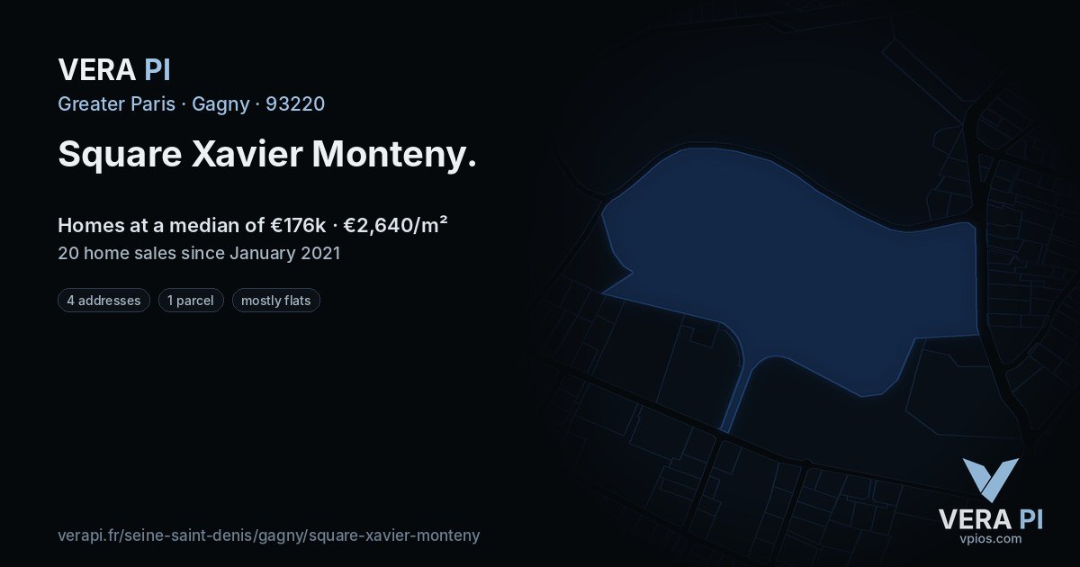 Square Xavier Monteny, Gagny at night – every parcel coloured by the prices around it, the street's own parcels lit