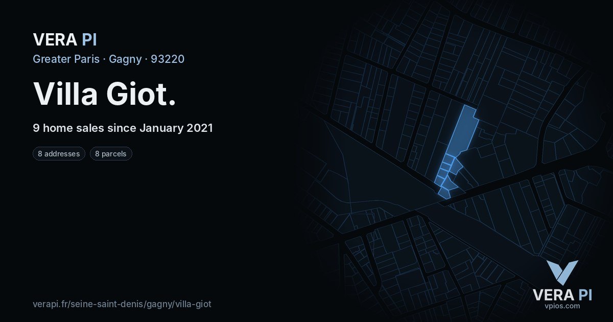 Villa Giot, Gagny at night – every parcel coloured by the prices around it, the street's own parcels lit