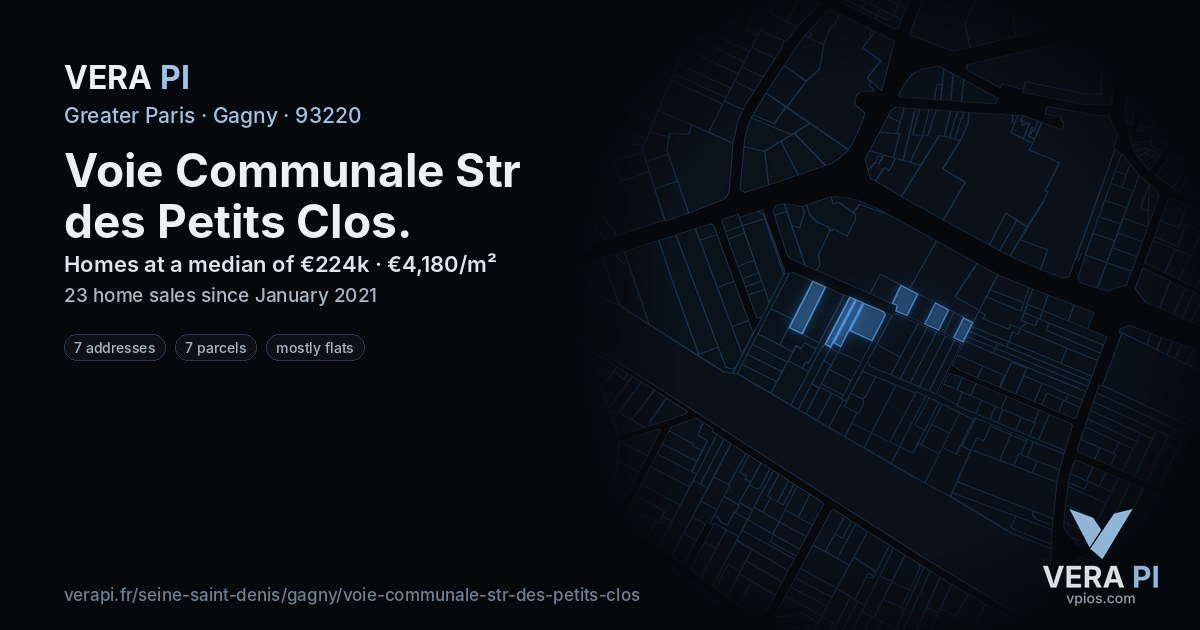 Voie Communale Str des Petits Clos, Gagny at night – every parcel coloured by the prices around it, the street's own parcels lit