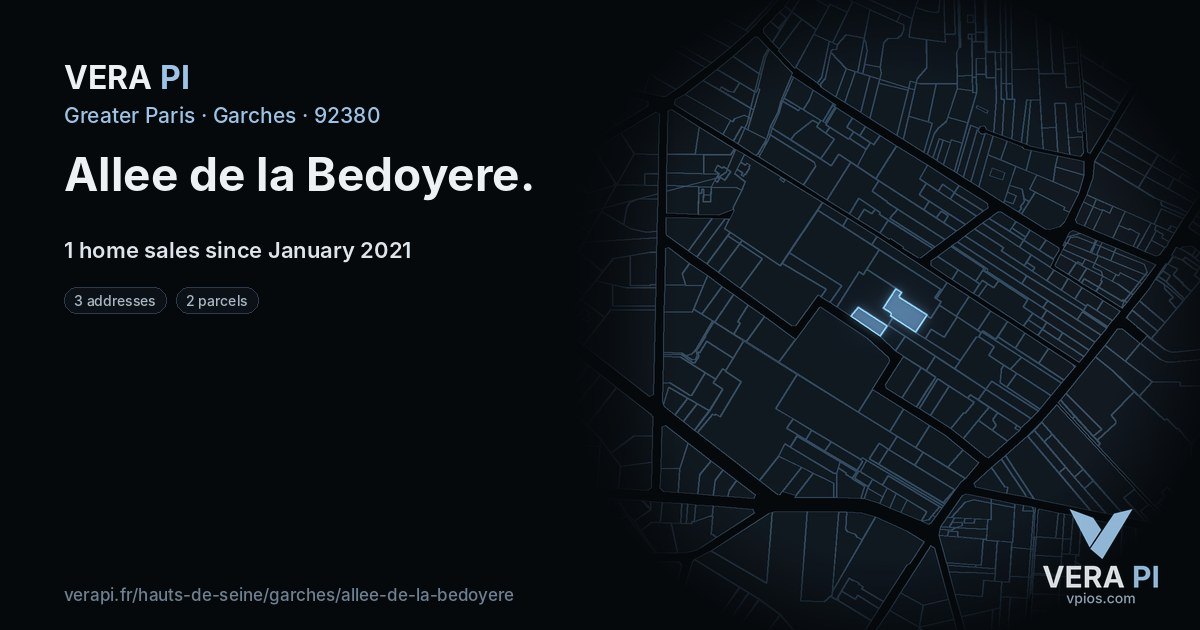 Allee de la Bedoyere, Garches at night – every parcel coloured by the prices around it, the street's own parcels lit