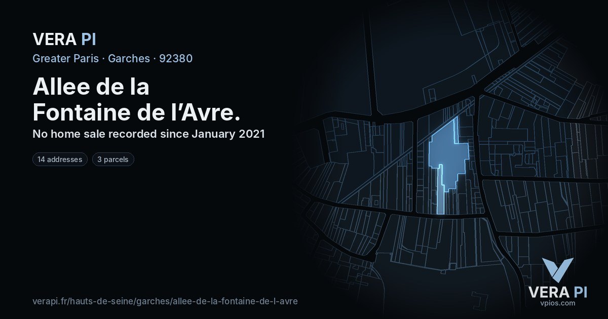 Allee de la Fontaine de l’Avre, Garches at night – every parcel coloured by the prices around it, the street's own parcels lit