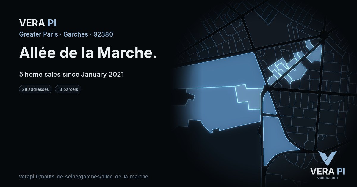 Allée de la Marche, Garches at night – every parcel coloured by the prices around it, the street's own parcels lit