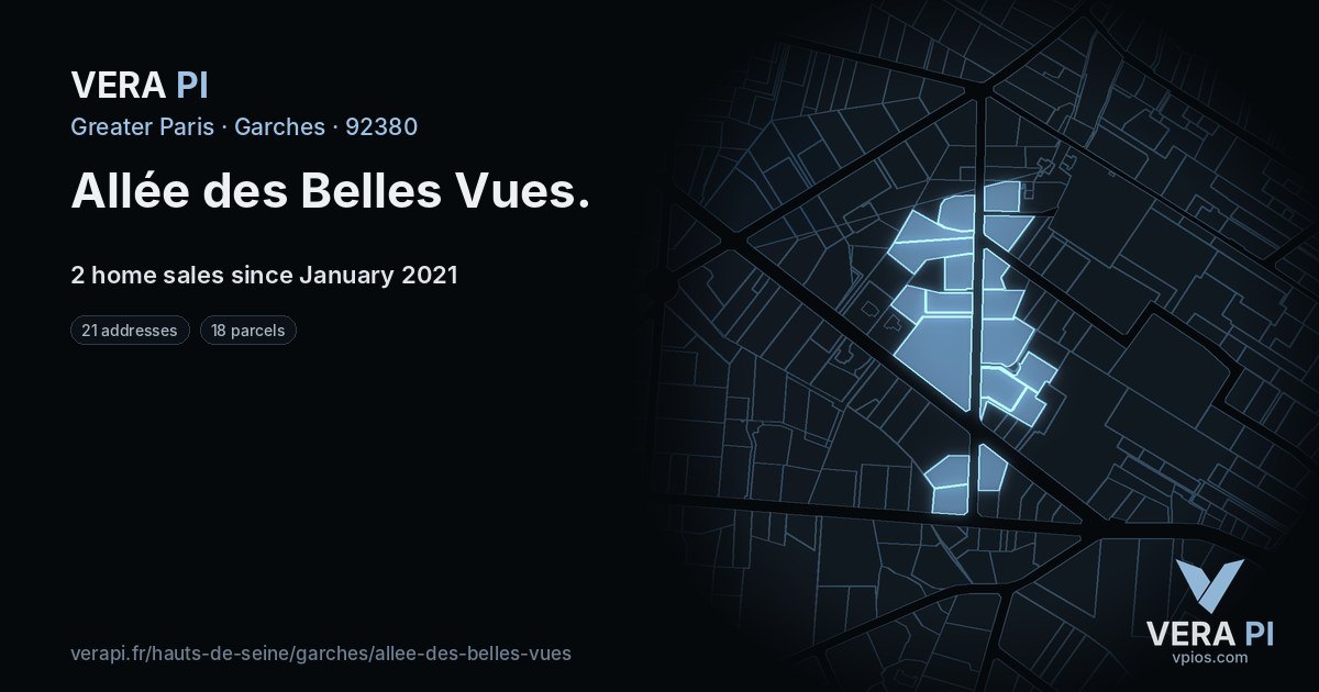 Allée des Belles Vues, Garches at night – every parcel coloured by the prices around it, the street's own parcels lit