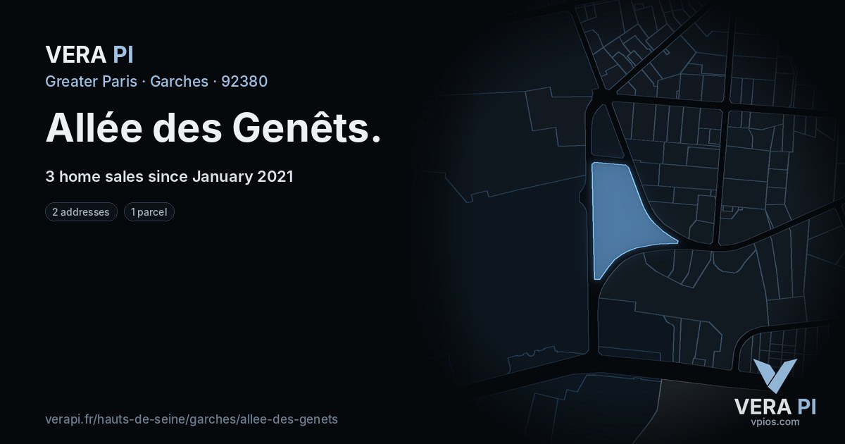 Allée des Genêts, Garches at night – every parcel coloured by the prices around it, the street's own parcels lit