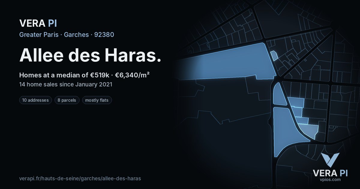 Allee des Haras, Garches at night – every parcel coloured by the prices around it, the street's own parcels lit