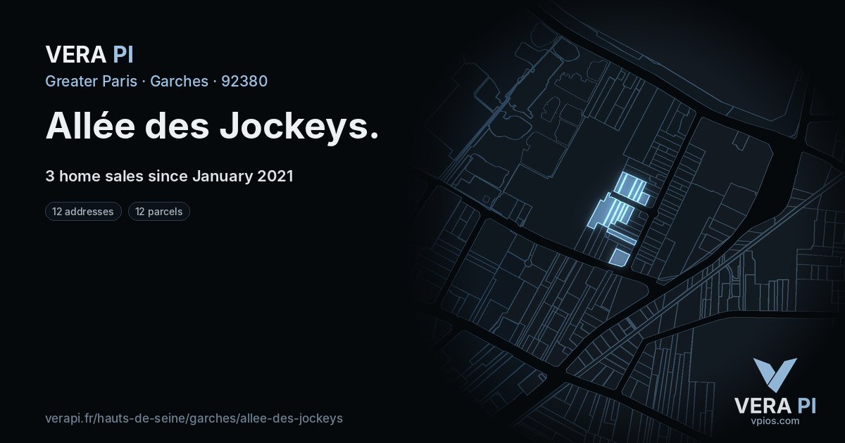Allée des Jockeys, Garches at night – every parcel coloured by the prices around it, the street's own parcels lit