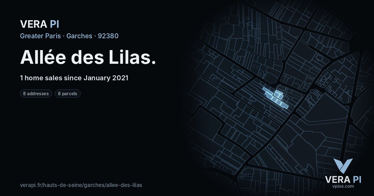 Allée des Lilas, Garches at night – every parcel coloured by the prices around it, the street's own parcels lit